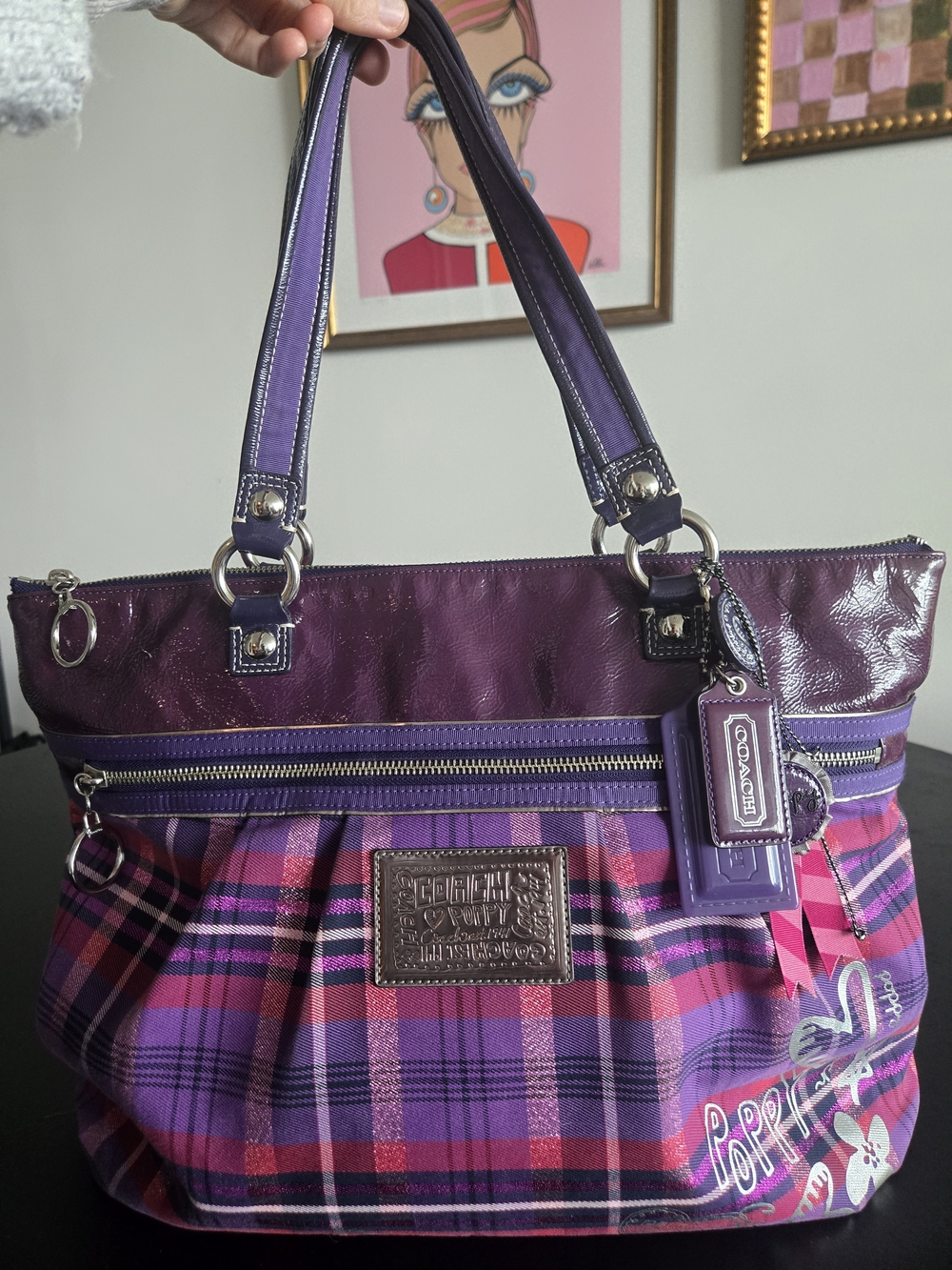 Coach Y2K Poppy Tartan Plaid Glam Tote Purple Pink Metallic Bag